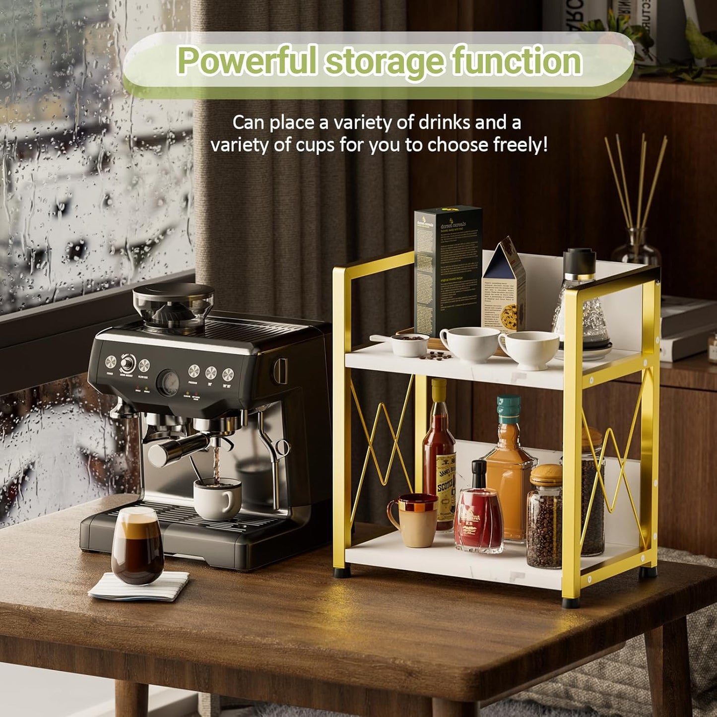 Aduanbang Coffee Bar Accessories Organizer, 2 Tier Wooden Kitchen Counter Shelf, Coffee Organizer Station for Countertop, Condiment Rack for Mugs, Cups, Cream, Syrup