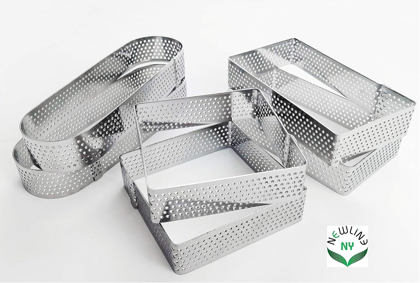 NewlineNY Stainless Steel 6 Pcs Perforated Oval, Rectangular, Square Tart Rings Molding Plating: 2 of each (5" x 1.5") + (4" x 1.5") + (2.8" square) x (0.8" H) Sizes