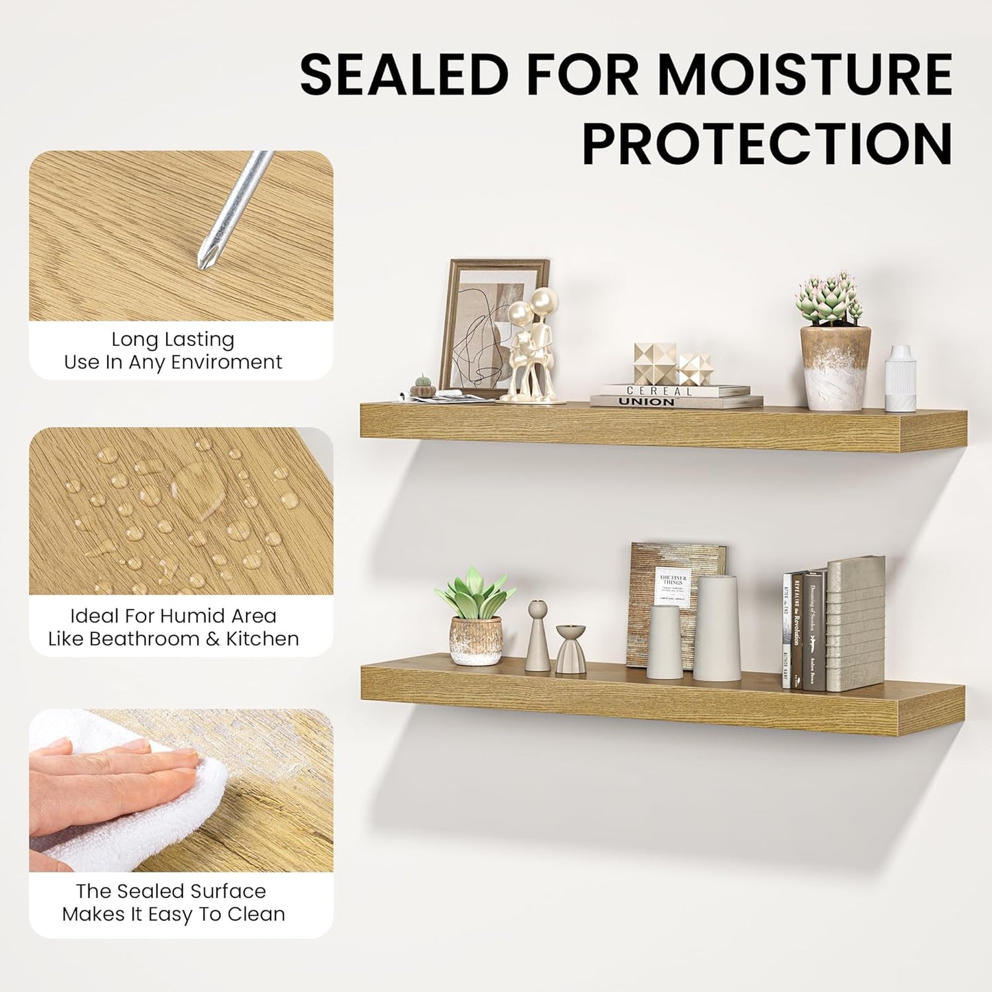 Floating Shelves for Wall, 72"W x 9.3"D x 1.5"H, Long Wooden Wall Mounted Display Shelves with Invisible Brackets for Living Room, Bedroom, Bathroom, Kitchen Decor and Storage, Set of 1, Oak