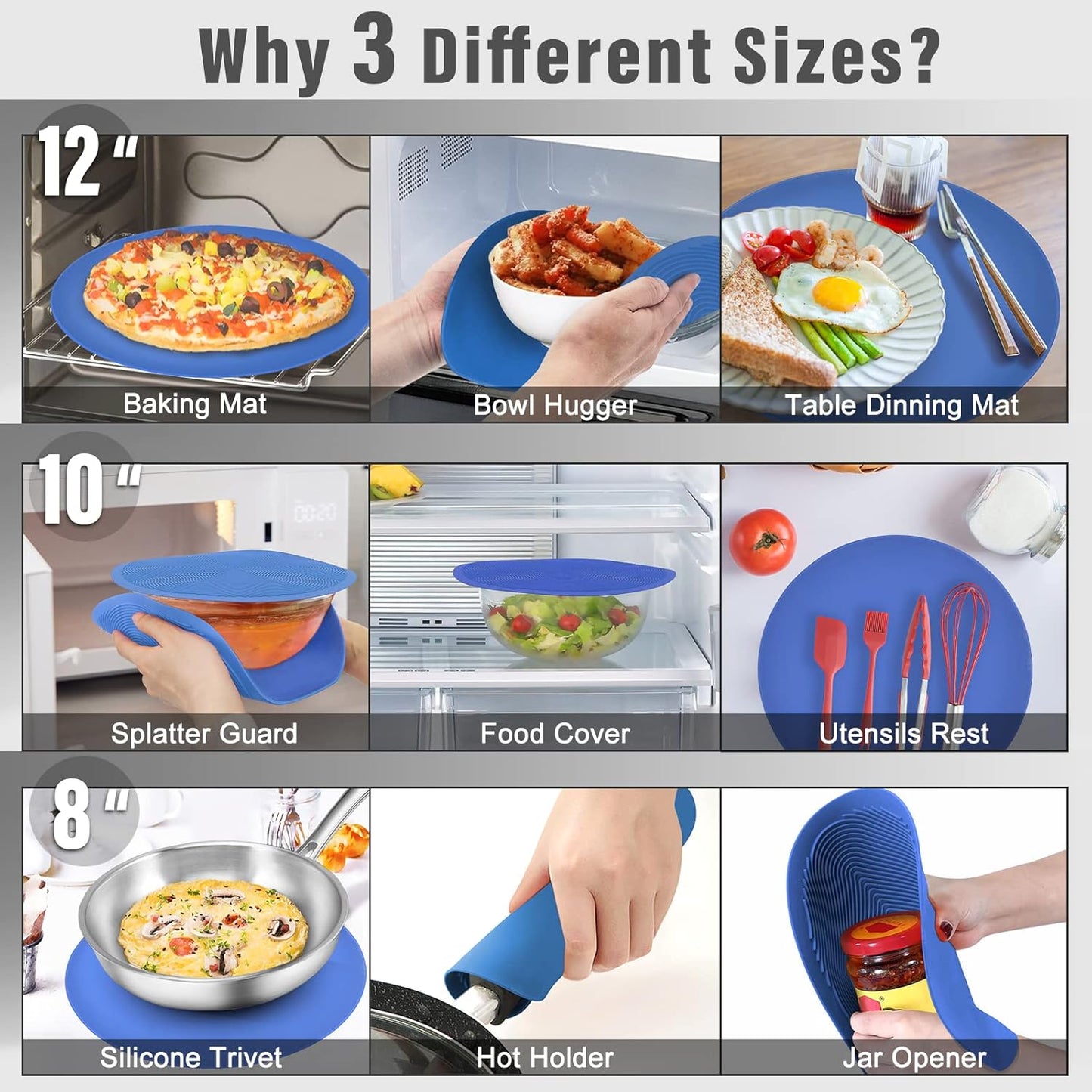 KooMall 12 10 8 Inch Multi-use Microwave Mat, Trivet, Pot Holders, Drying, Baking, Place Mat, Utensils Rest, Silicone Cover Pad for Hot Pot Pans Bowls Plates Dishes Kitchen Counter,Heat Resistant,Blue