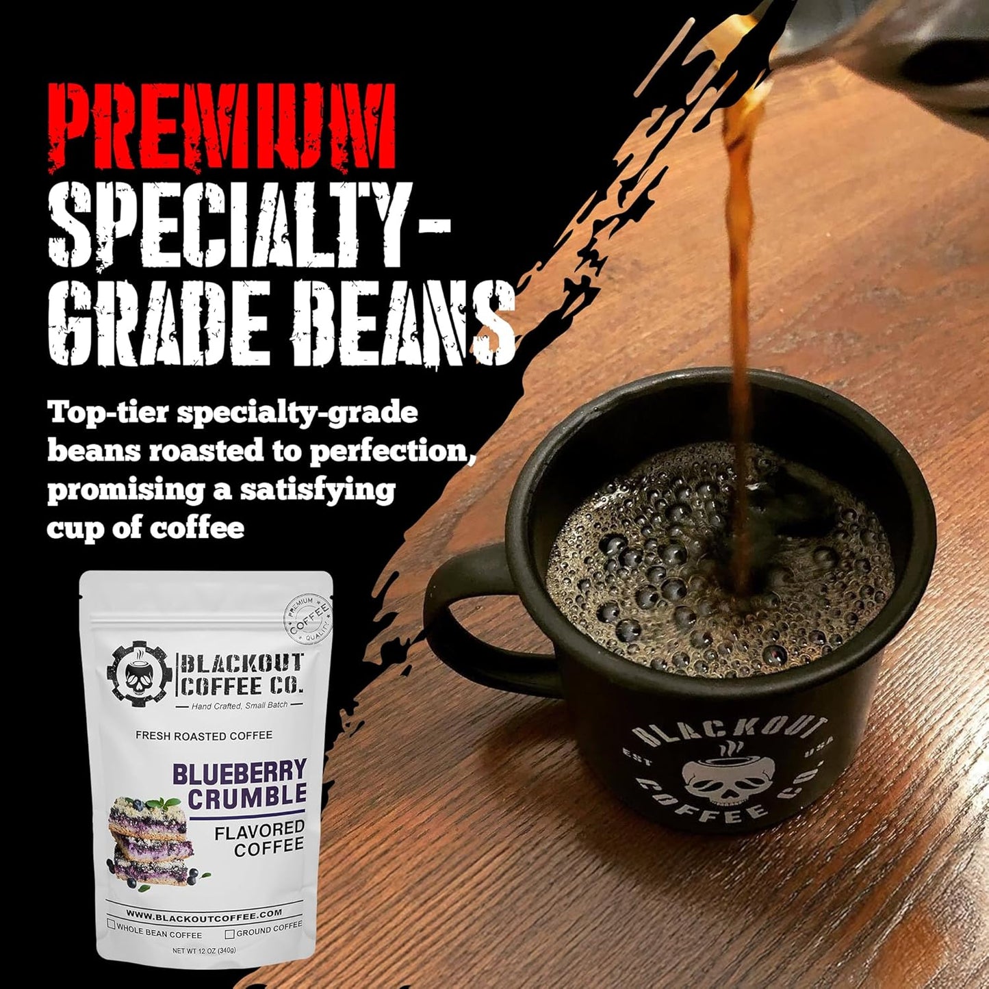 Blackout Coffee Blueberry Crumble Flavored Medium Roast - Freshly Roasted in the USA - 12 oz Ground Coffee Pouch