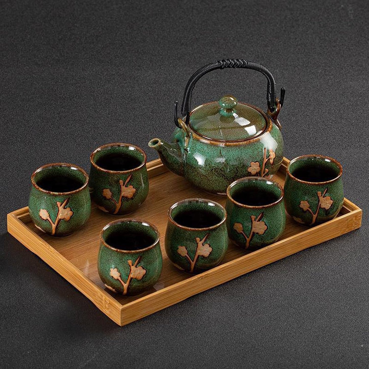 KEYDUACU Japanese Tea Set, Kiln-Formed Ceramic Tea Set, Plum Blossom Embossed, Includes 1 Teapot, 6 Teacups,Tea Tray,Strainer, Used for home, outdoor, gift, Chinese Kung Fu Tea Set(FDMH-GREEN)