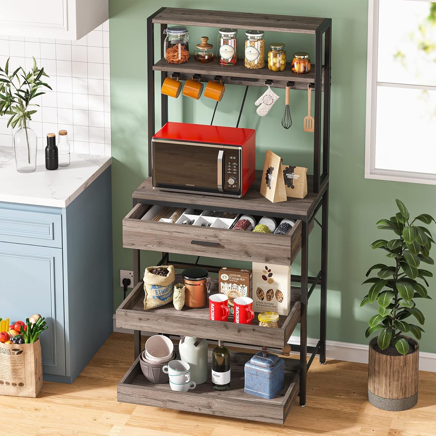 LITTLE TREE Kitchen Baker’s Rack with Power Outlets, Freestanding 5-Tier Microwave Stand with Drawers & Sliding Shelves, Coffee Bar with 6 Hooks for Dining Room Living Room, Grey & Black
