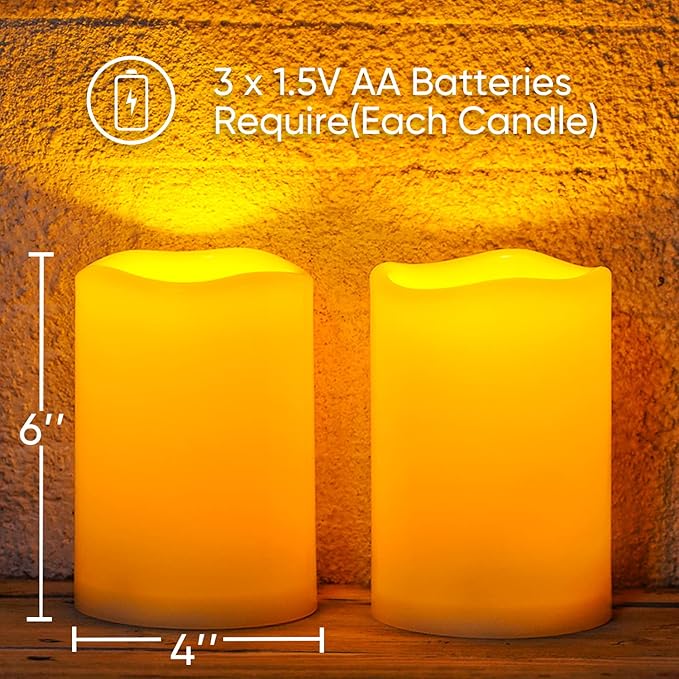 Homemory 6" x 4" Large Waterproof Outdoor Flameless Candles with Remote Control and Timer, Battery Operated Flickering LED Pillar Candles for Indoor Outdoor Lanterns, Porch, Long Lasting, Set of 2