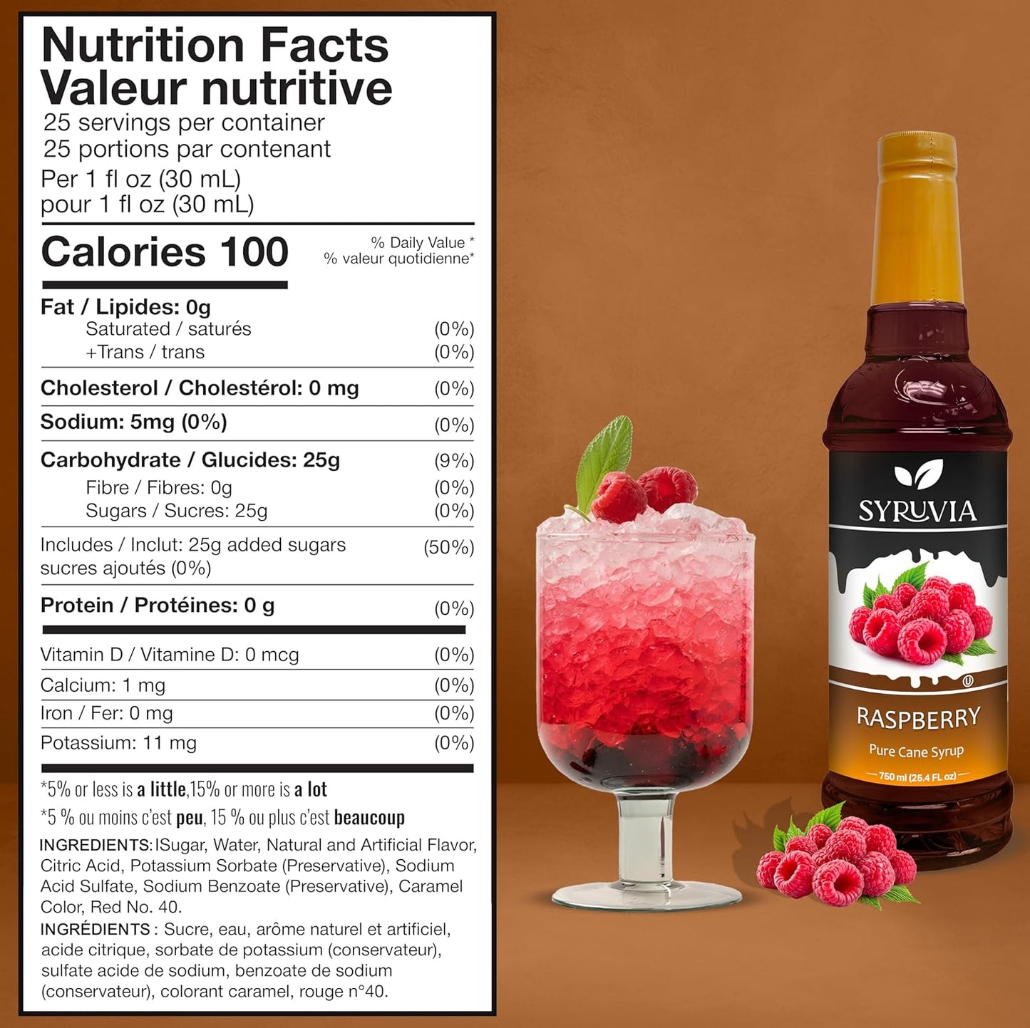 Syruvia Premium Raspberry Syrup - 25.4 fl oz Kosher Best For Drinks, Dessert, Soda, Smoothies, Gluten-Free, Non-GMO Flavor