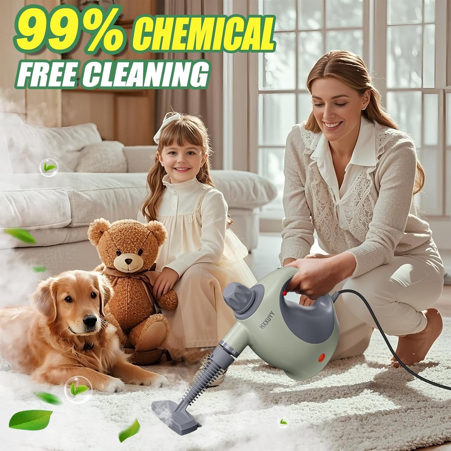 Multi-Surface Handheld Pressurized Steam Cleaner with 13 PCS Accessory ，Portable Steamer for Cleaning, Multipurpose Steam Cleaner for Home/Car/Bathroom/Grease/Upholstery/Floor/Grout and More (Green)