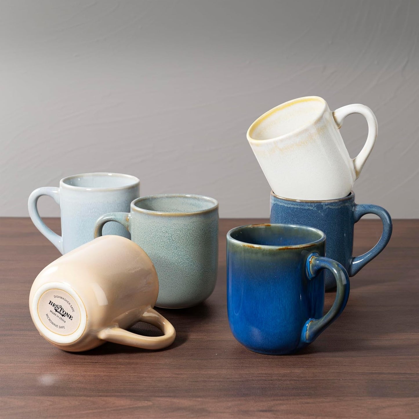 bestone Coffee Mugs Set of 6，12 oz Coffee Mugs, Ceramic Mugs with Handles,Cups Microwave & Dishwasher safe，Vibrant Colors