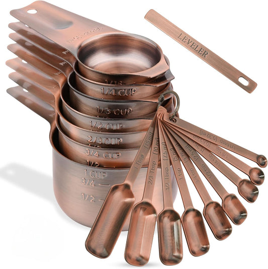 Copper Measuring Cups and Spoons - 17 Piece Set, 7 Cups and 9 Spoons with 1 Leveler for Kitchen