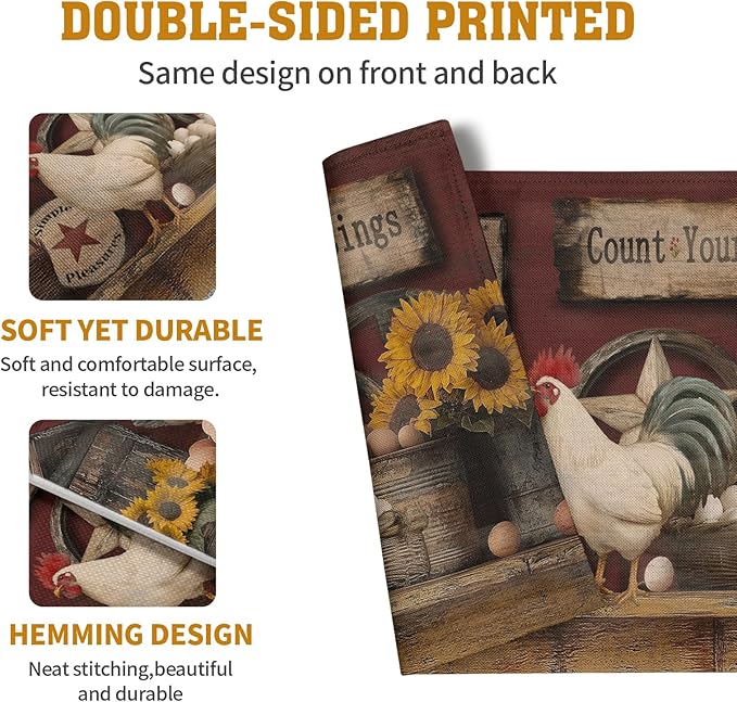 Farmhouse Rooster Placemats Set of 4 Farm Animal Chicken Place Mats 12x18 Inch Vintage Rustic Country Linen Table Mat Washable Non-Slip Placemat for Party Kitchen Dining Decor
