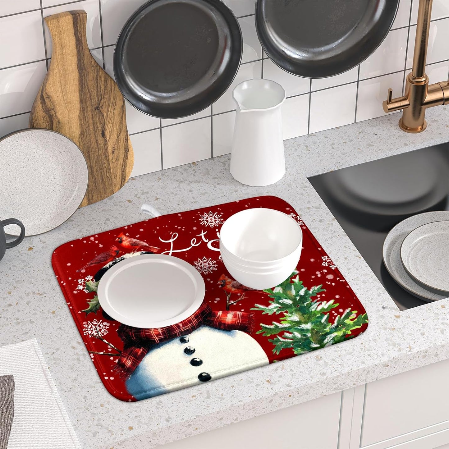 Let It Snow Winter Snowflake Red Dish Drying Mat for Kitchen Counter,Xmas Trees Snowman Cardinal Bird Drying Mat 16 x 18 Inch with High Absorbent Microfiber Drainer Mat for Coffee Bar