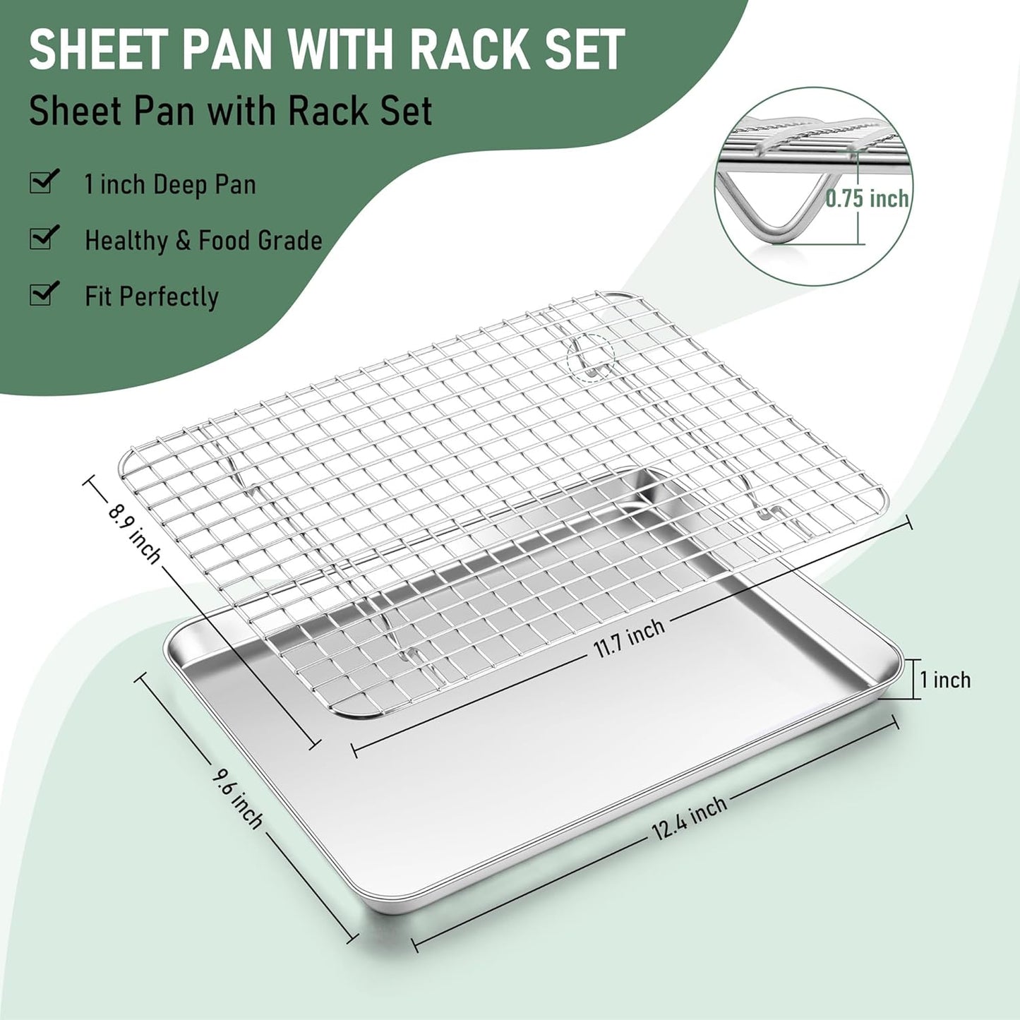 Quarter Sheet Pan with Wire Rack Set (2 Baking Sheets+2 Racks), Homikit Stainless Steel Baking Tray with Grid Cooling Rack for Toaster Oven Roasting, Metal Bacon Cookie Jelly Roll Pan, 12" x 10" Inch