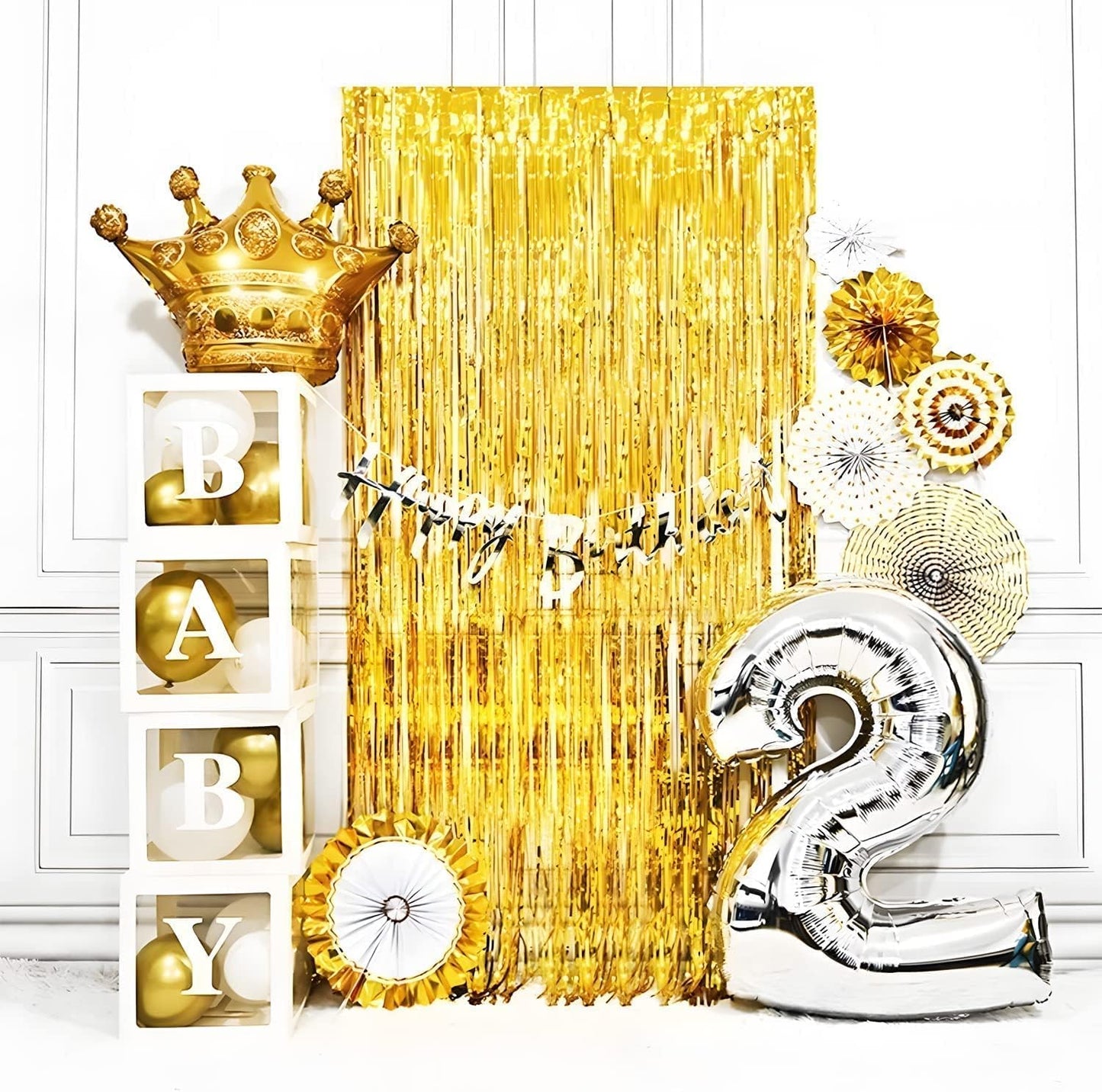 BRAVESHINE Black Gold Foil Fringe Curtain Backdrop - 2 Pack 3.2 x 8.2 ft Metallic Tinsel Photo Booth Streamers Curtains for 50th Birthdays Christmas New Years Anniversary Graduates Party Decorations