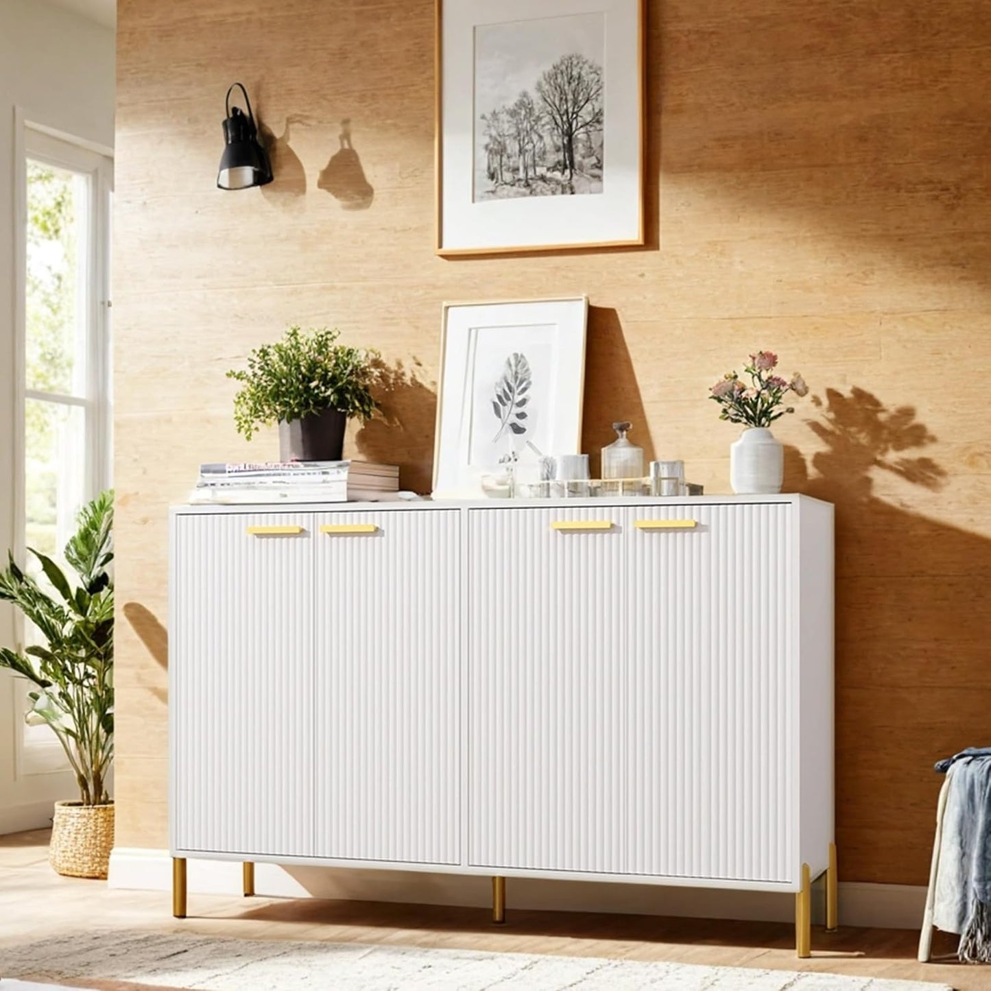 White Fluted Sideboard Cabinet - Luxury Buffet Table with 4 Doors, Large Coffee Bar Station for Living Room, Kitchen, Hallway, Entryway Storage