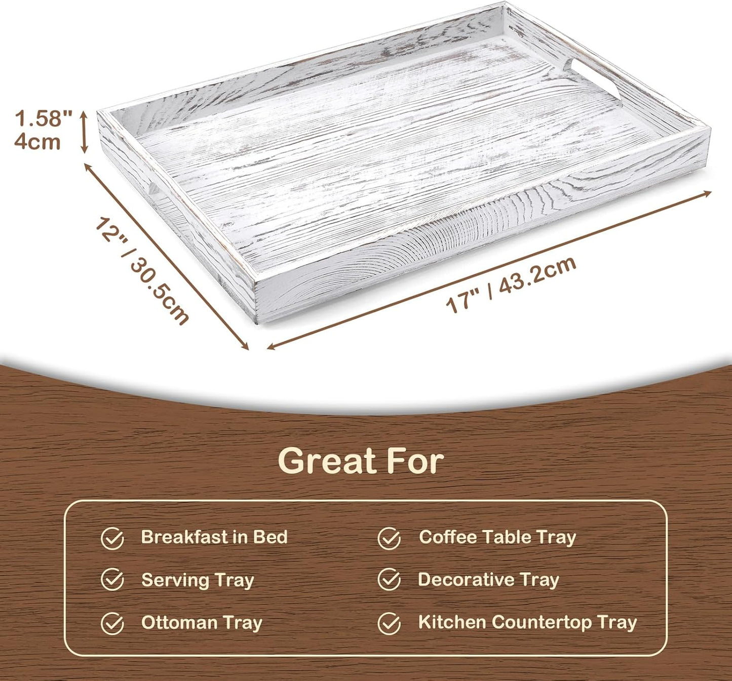 17 Inch White Serving Tray with Handles, Large Wooden Tray for Ottoman, Breakfast in Bed, Coffee Table, Dinner, Rectangular Wood Tray for Living Room Bedroom Entryway and Kitchen