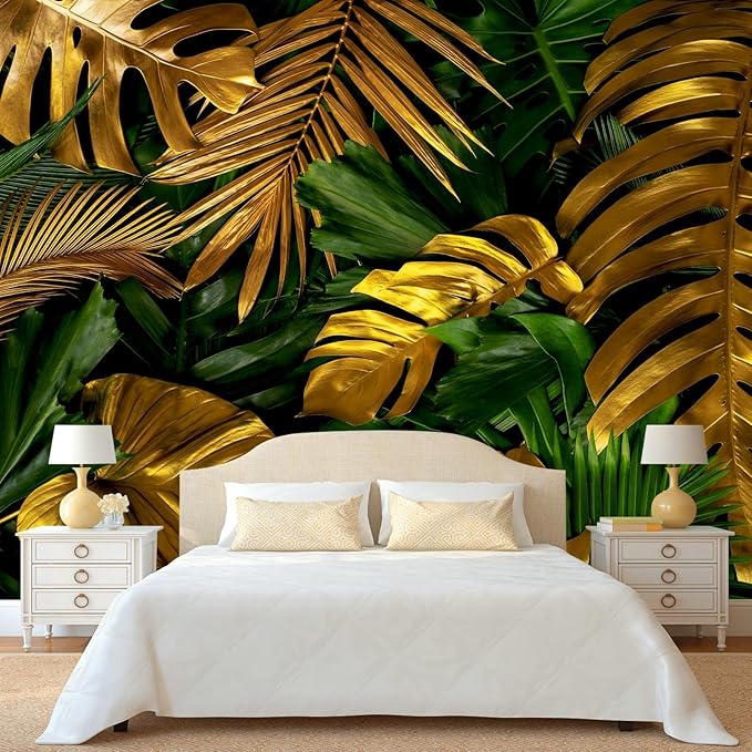 WFBHUA-Gold and Green Tropical Jungle Palm Leaf Wallpaper Mural Monstera Wall Mural for Living Room Bedroom (Not Peel and Stick)