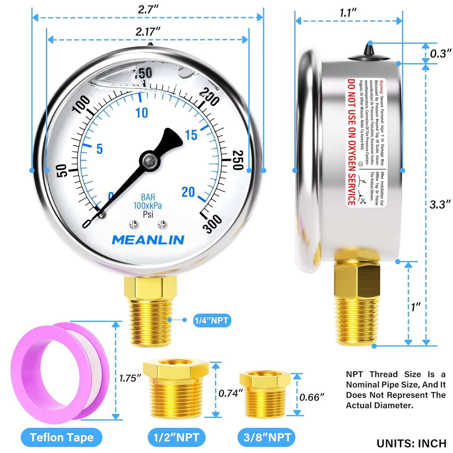 MEANLIN MEASURE 0~300Psi Stainless Steel 1/4" NPT 2.5" FACE DIAL Liquid Filled Pressure Gauge WOG Water Oil Air Lower Mount (Pack of 2), with 1/2" NPT and 3/8" NPT Hex Bushing