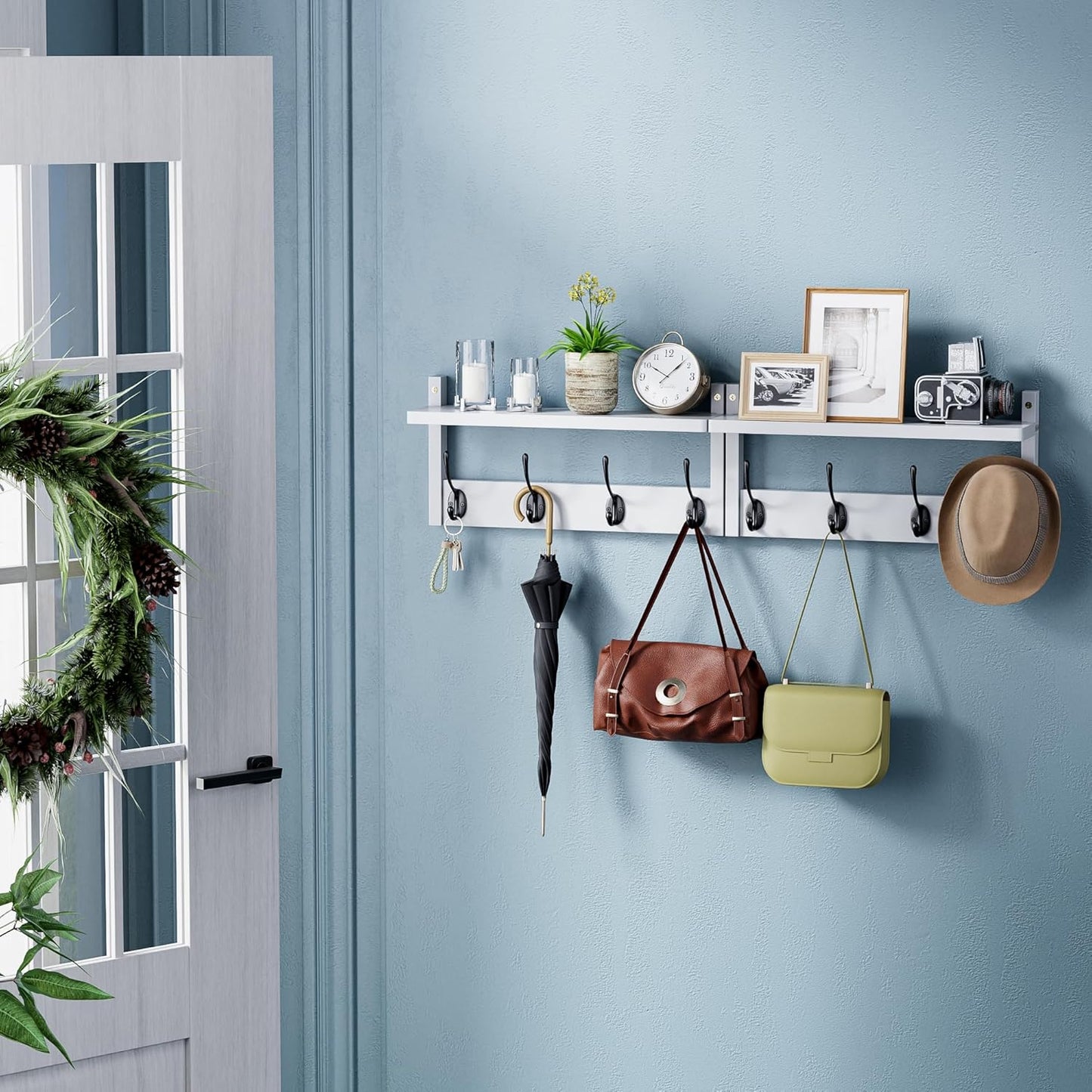 Coat Rack with Shelf Wall Mount, Entryway Bamboo Hanging Shelf, Set of 2, Wall Hook Rail for Hallway Décor, Storage Clothe, Hat, Robe, Key, Dog Leash (White+Black)