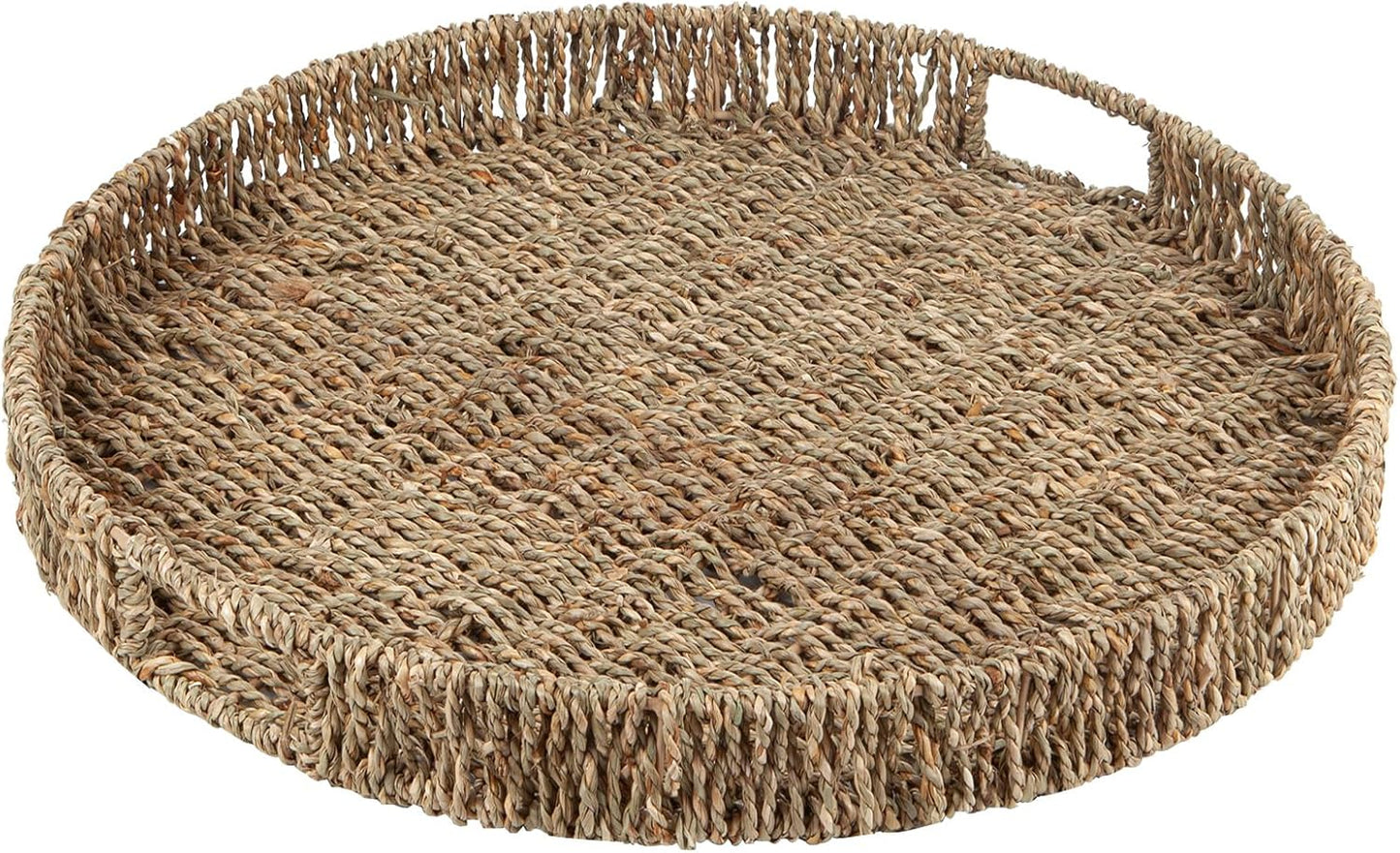 Round Ottoman Tray Large Wicker Serving Tray with Handles for Coffee Table, 16 Inch Handwoven Natural Seagrass Tray