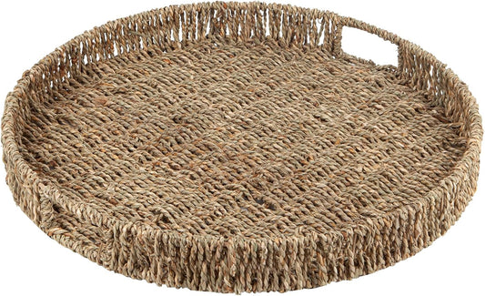 Round Ottoman Tray Large Wicker Serving Tray with Handles for Coffee Table, 16 Inch Handwoven Natural Seagrass Tray