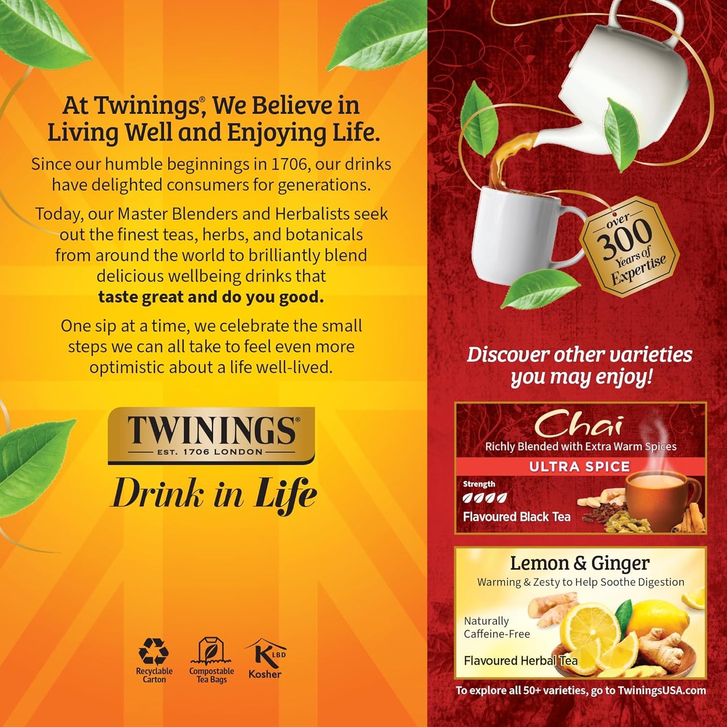 Twinings Chai Black Tea Individually Wrapped Bags, 25 Count (Pack of 6), Sweet, Savoury Spices, Caffeinated, Enjoy Hot or Iced, 150 Teabags