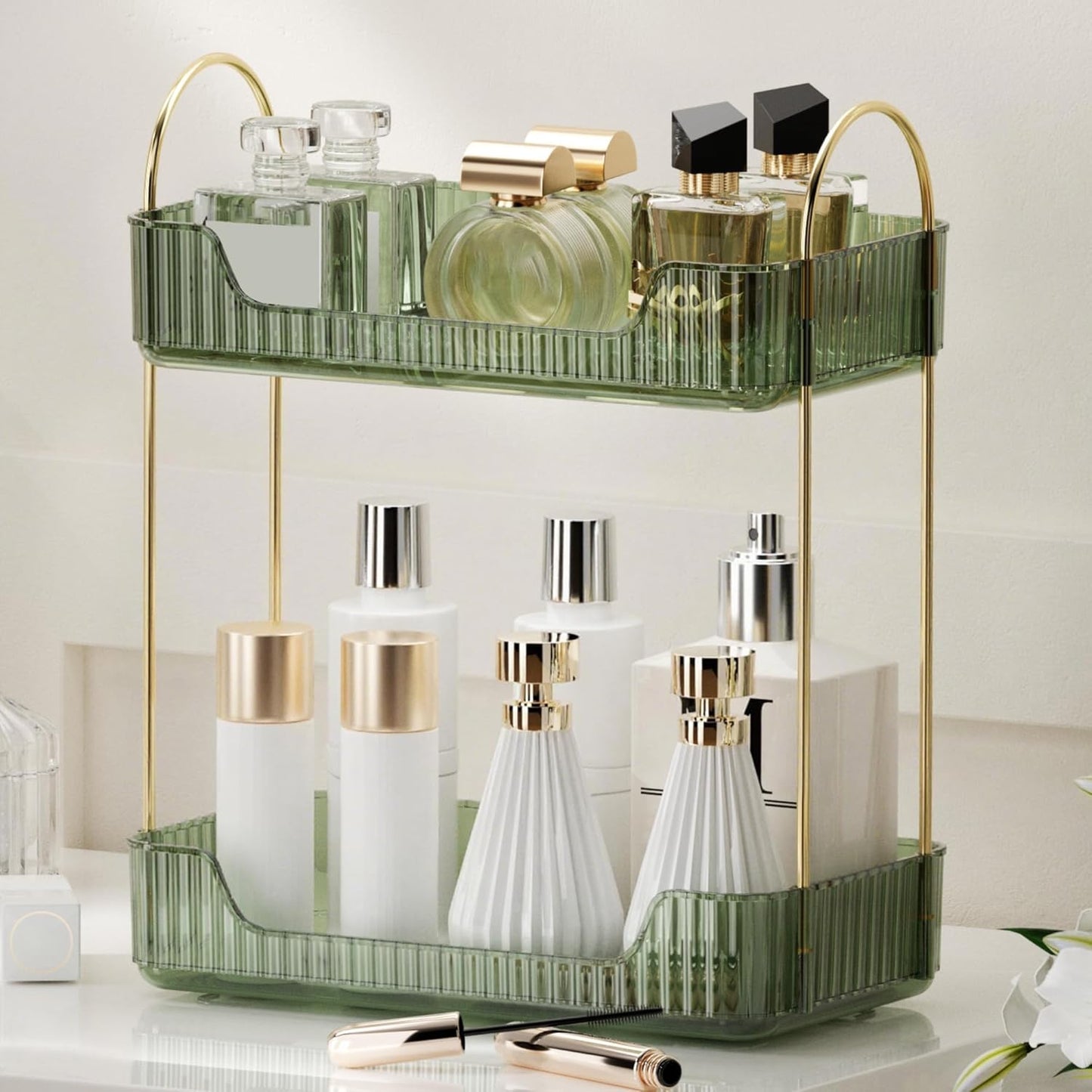 YCIA&DONE Bathroom Organizer Countertop, Makeup Storage, Skincare Cosmetic Tray Shelf, Perfume Holder Rack for Vanity Counter, Large Capacity, Easy to Install, Clean, 2 Tiers, Vintage Green