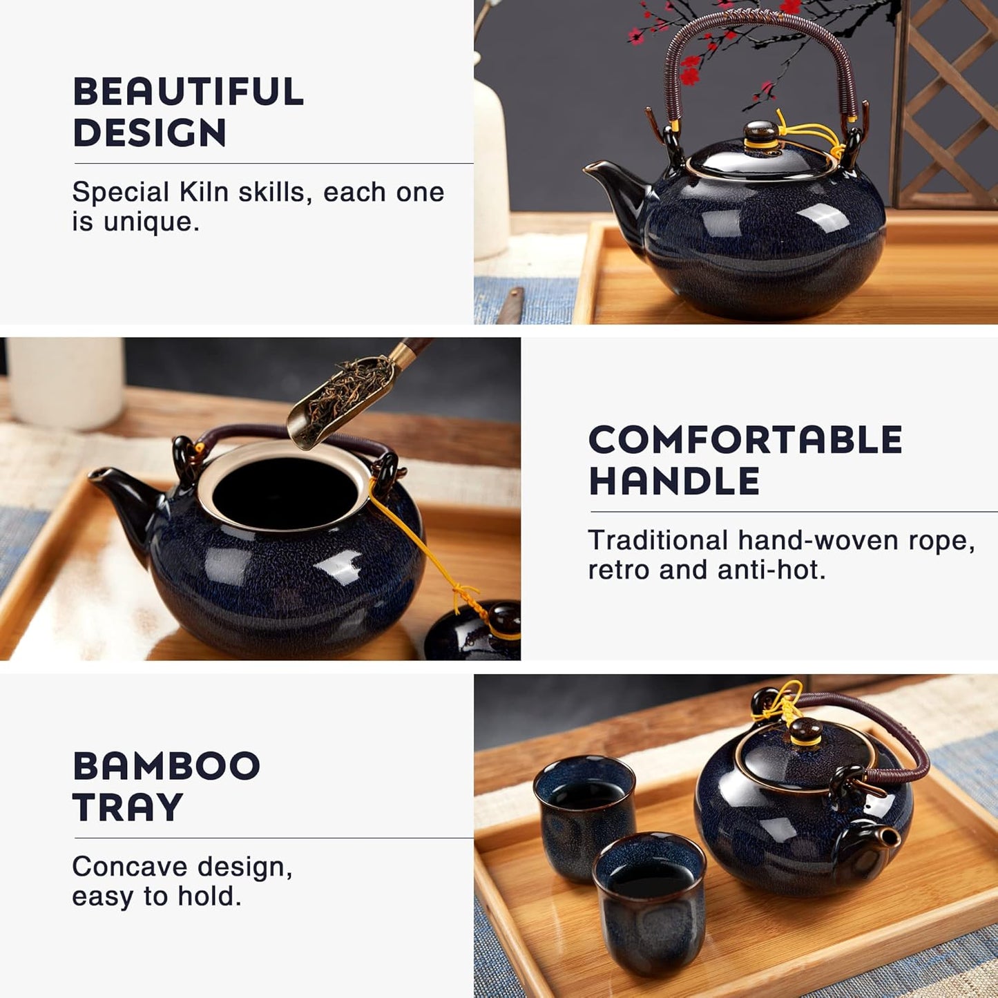 DUJUST Japanese Tea Set for 6, Kiln Altered Glaze Porcelain Tea Set with 1 Teapot, 6 Tea Cups & 1 Tea Tray, Unique Chinese Tea Sets for Adults/Tea Lovers/Women/Men, Dark Blue