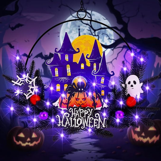 Lighted Halloween Wreaths for Front Door, Welcome Metal Wooden Door Wreath Decor Hanging Sign, 30 LED Lighted Wall Decor Battery Operated for Halloween Indoor Outdoor (Spider)