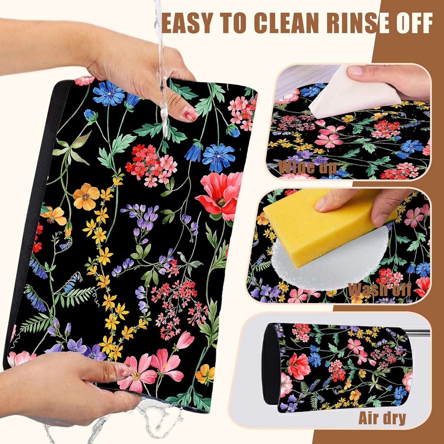 Beautiful Flowers Dish Drying Mat for Kitchen Counter Coffee Bar Mat Hide Stain Absorbent Rubber Backed Coffee Mat Coffee Maker Espresso Machine Coffee Bar Accessories 11.8 x 19.7 Inch