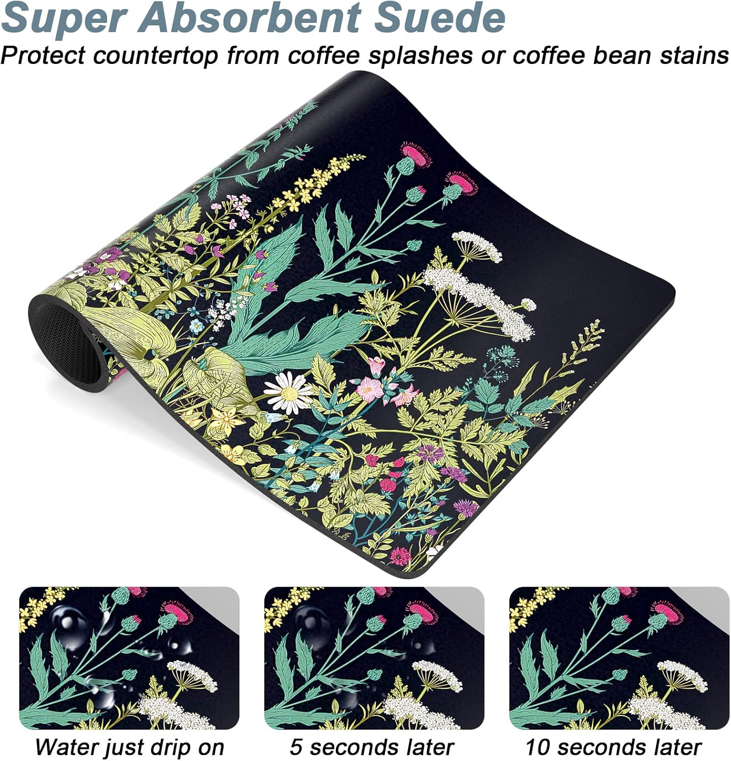 Rnivvi Coffee Mat, 12" x 19" Cute Flower Theme Coffee Bar Mats for Espresso Machine Station Accessories and Organizer, Hide Stain Rubber Backed Absorbent Dish Drying Pad for Kitchen Counter, Black
