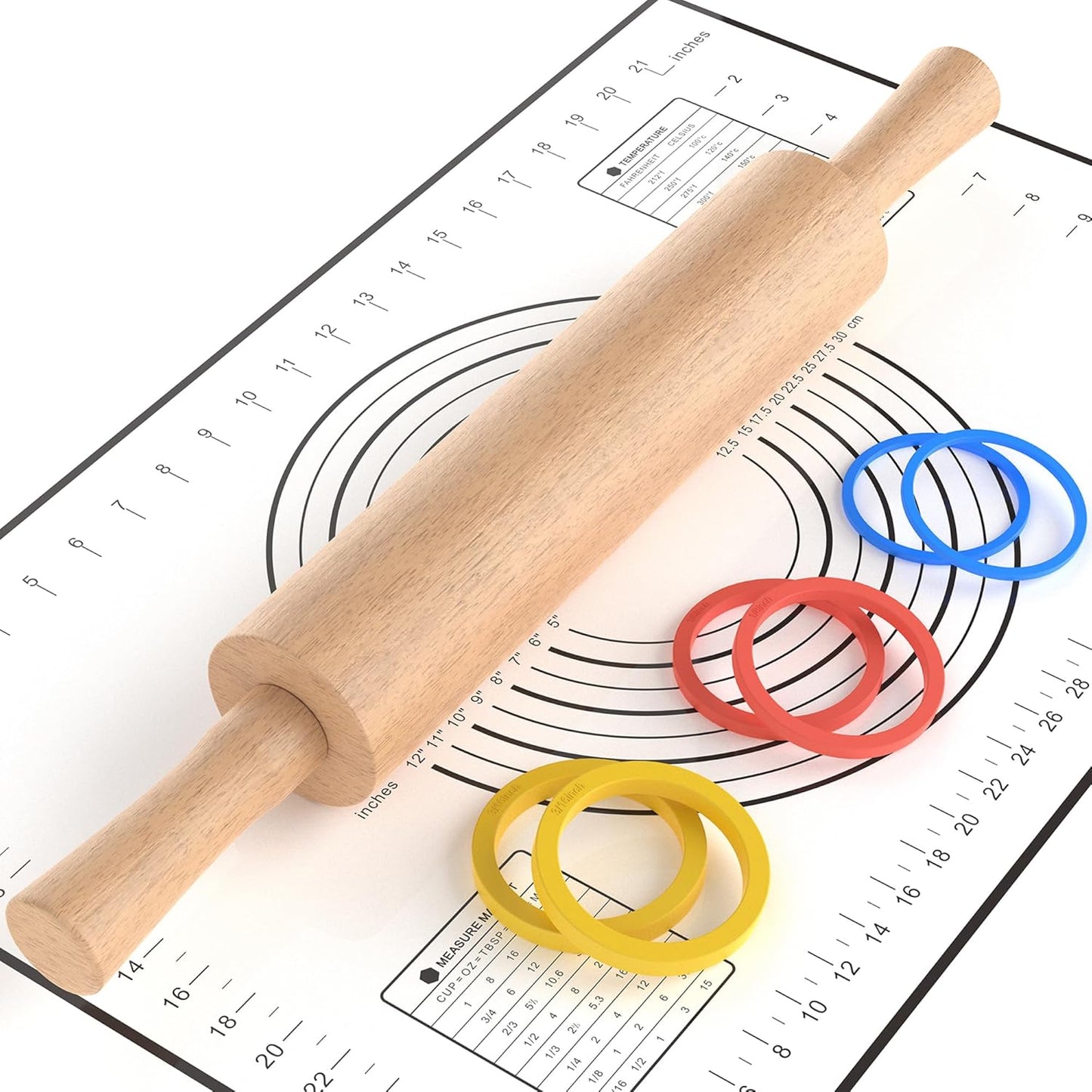 Classic Wooden Rolling Pin with Handle and Pastry Mat for Fondant, Pizza, Pies, Cookies, Rolling Pin for Baking with 3 Multi-Color Thickness Rings, 17" x 2.5" Natural Beechwood