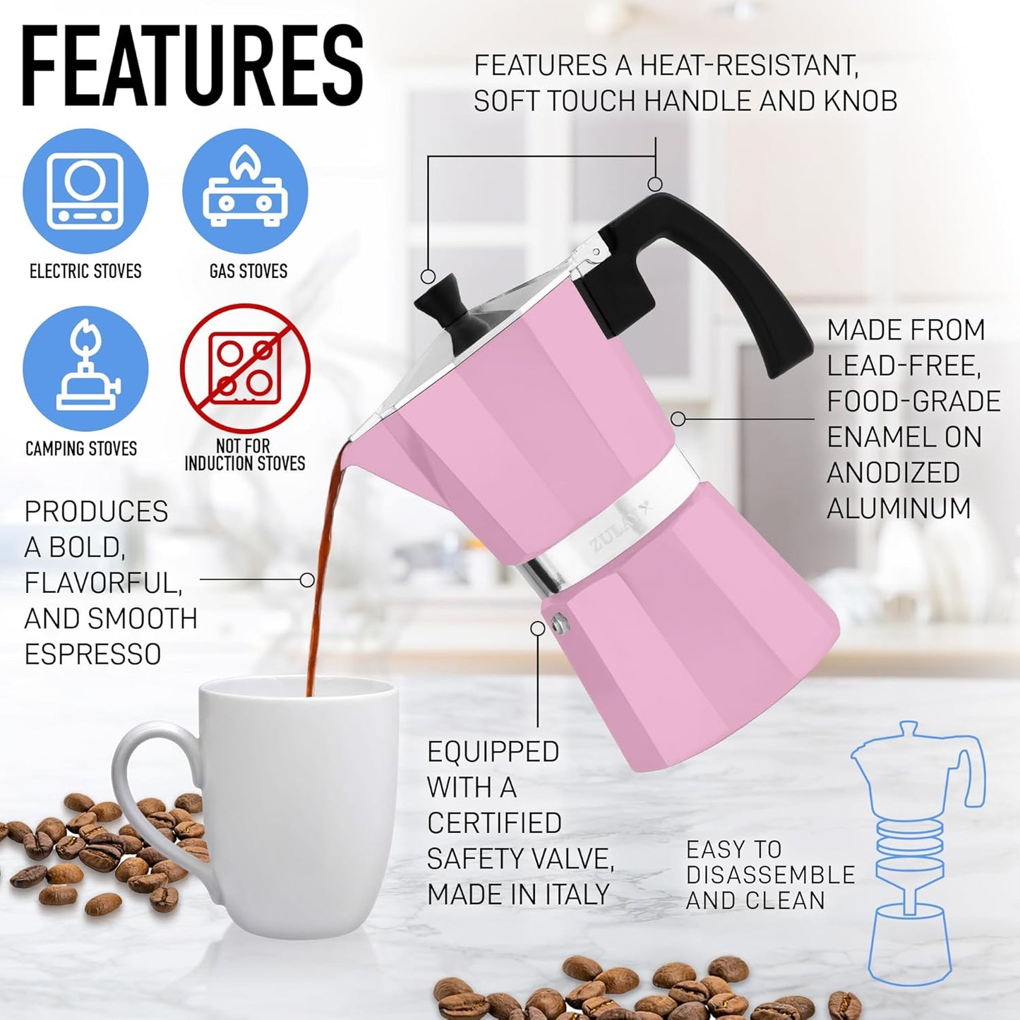 Zulay Moka Pot Espresso Stovetop Coffee Maker - Leak-Proof, Stainless Steel, Easy to Clean, Heat Resistant Handle & Knob - for Authentic Cuban & Italian Style Espresso - Makes 6 Espresso Cups - Pink
