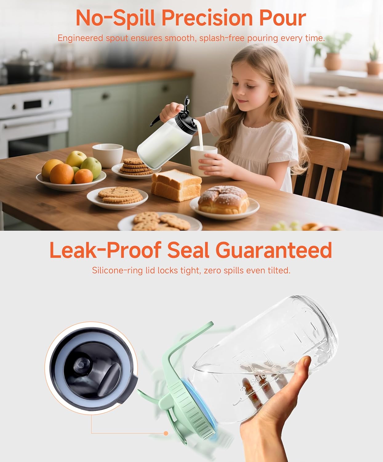 64oz Large Mason Jar Pitcher with Lid, 2 Quart Glass Tea Pitchers for Fridge, Leak-proof Coffee Dispenser,Heavy Duty Water Container for Sun Tea,Cold Brew Juice,Breastmilk Storage(Black+Gray+Pink）