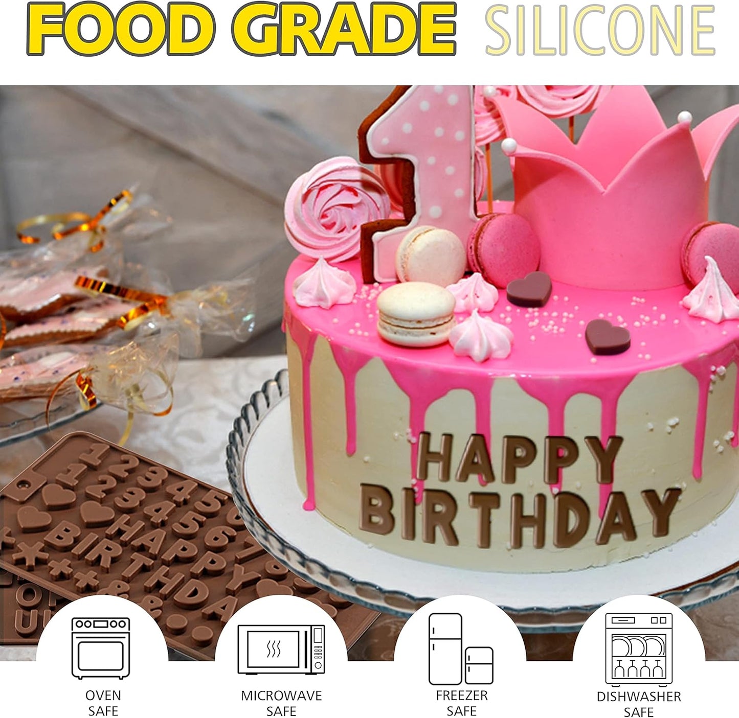 Anaeat Silicone Letter and Number Chocolate Molds, 2 Pack Alphabets & Numbers Candy Baking Mold with Happy Birthday Cake Decorations Symbols - for DIY Chocolates, Candies or Fondant