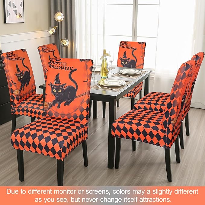 JQinHome Orange Halloween Chair Slipcover,Cat Chair Covers Set of 6, High Stretch Washable Chair Protector Cover for Dining Room, Kitchen,Home Party,Wedding Ceremony(Cat Orange,6PC)
