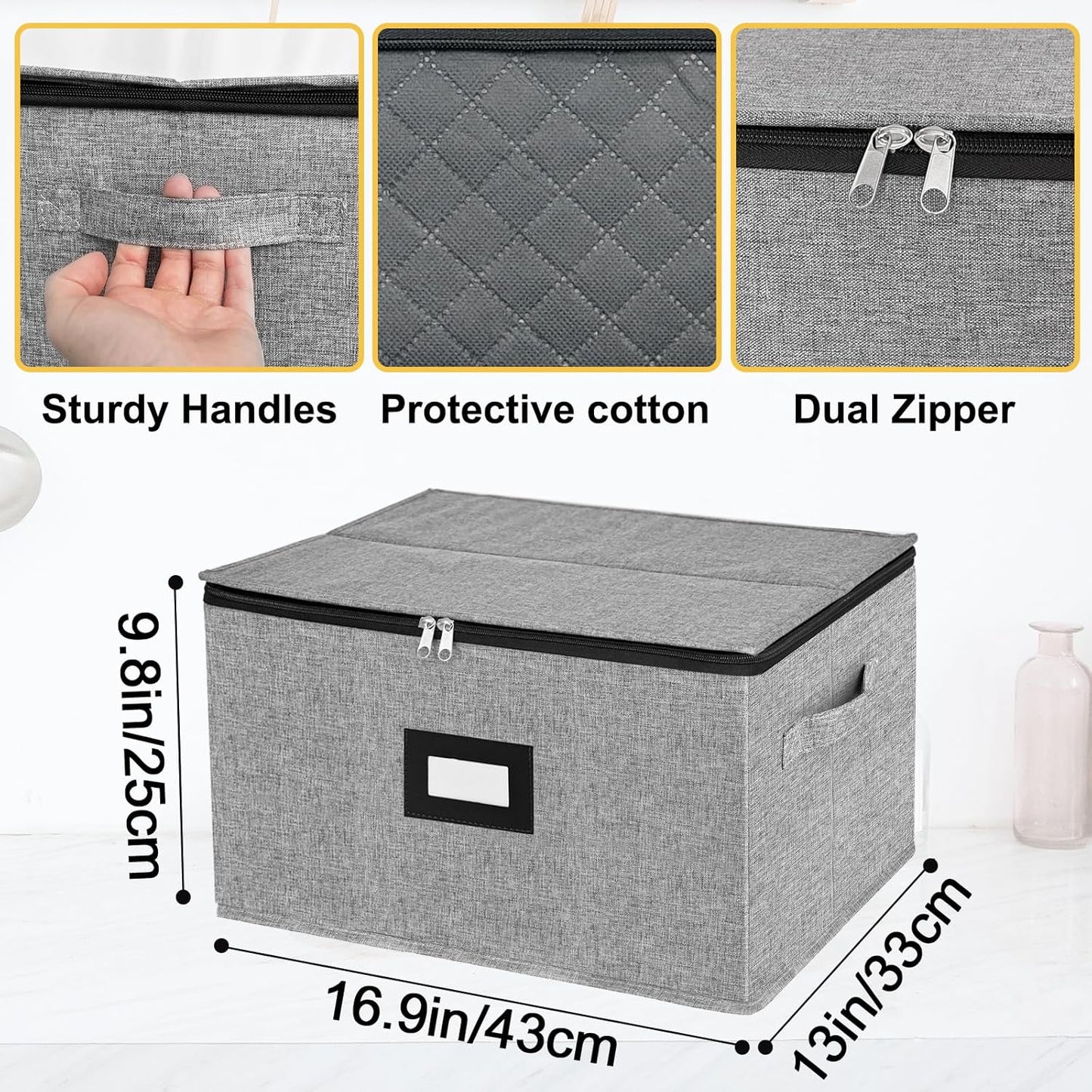 homyfort Wine Glass Storage Box, China Storage Containers with Dividers, Stemware Storage Case Holds 12 Wine Glass or long stem Crystal Glassware with Handles, Hard Shell and Stackable (Grey)