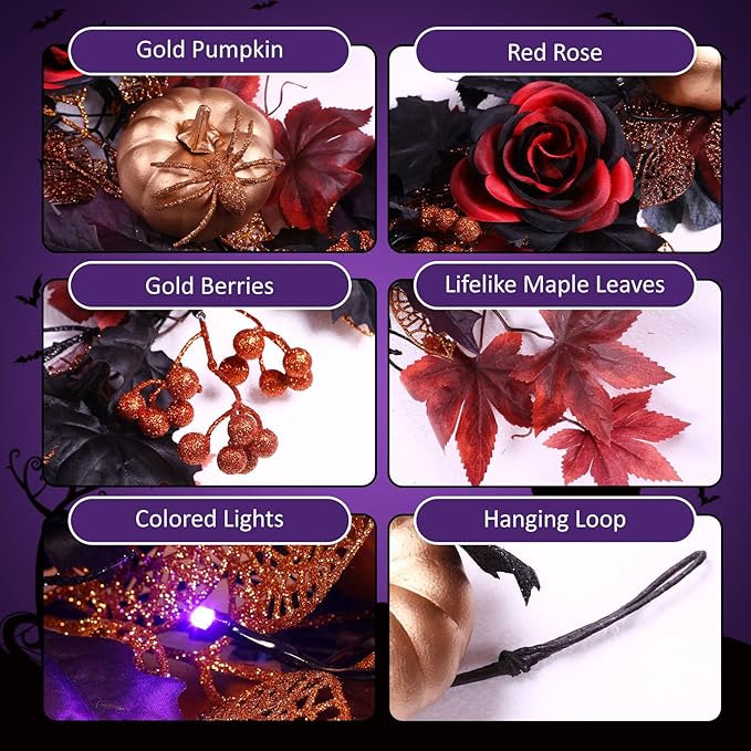 SHareconn 2 Pcs 9FT Halloween Garland with Purple Lights Battery Operated and Timer, Pre-Lit Black Red Maple Leaves Lighted Garland Decorations for Fireplace Mantle Centerpiece Indoor Outdoor Decor