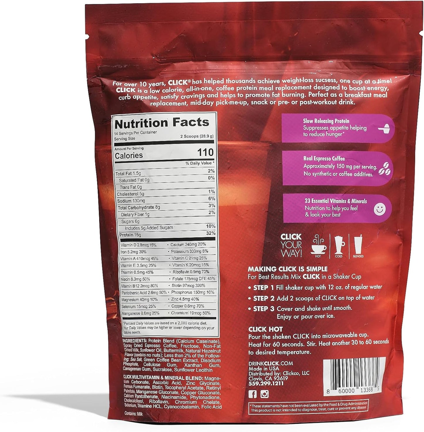 Click Coffee Protein Powder | Double Shot Espresso | 16g Protein | 23 Essential Vitamins | Low Calorie Meal Replacement | 150mg Caffeine | Gluten Free | No Artificial Flavors or Colors | Hazelnut