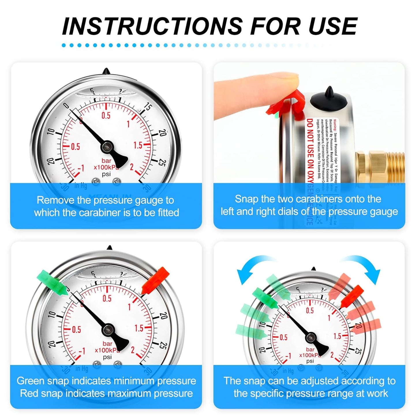 MEANLIN MEASURE -30inHG~30Psi Vacuum Pressure Gauge 1/4" NPT 2.5" FACE DIAL, Stainless Steel Liquid Filled Pressure Gauge WOG Water Oil Air Center Back Mount (with 2PCS Snaps)