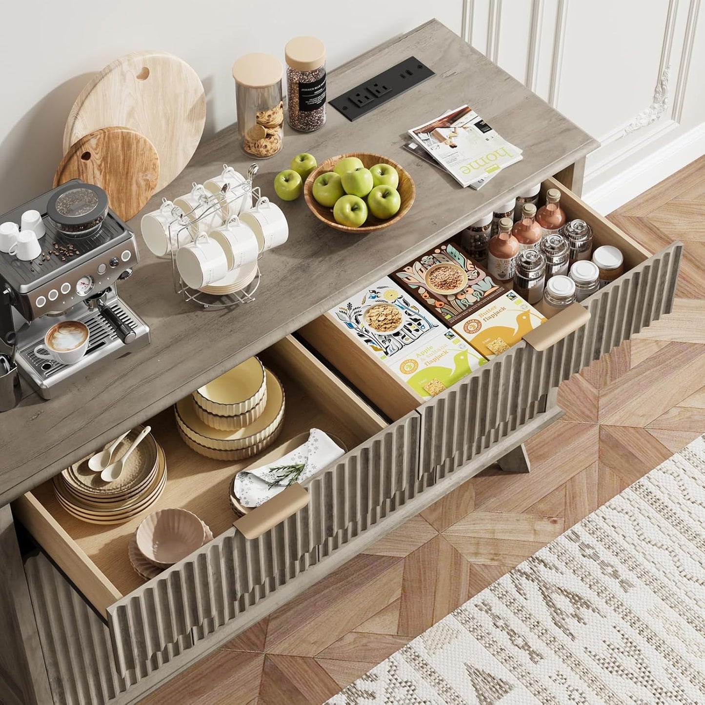 QUW Fluted Buffet Sideboard Cabinet with Storage, 47.2" Kitchen Cabinet with Drawers and Adjustable Shelves, Modern Coffee Bar with Charging Station, for Dining Room, Living Room, Grey