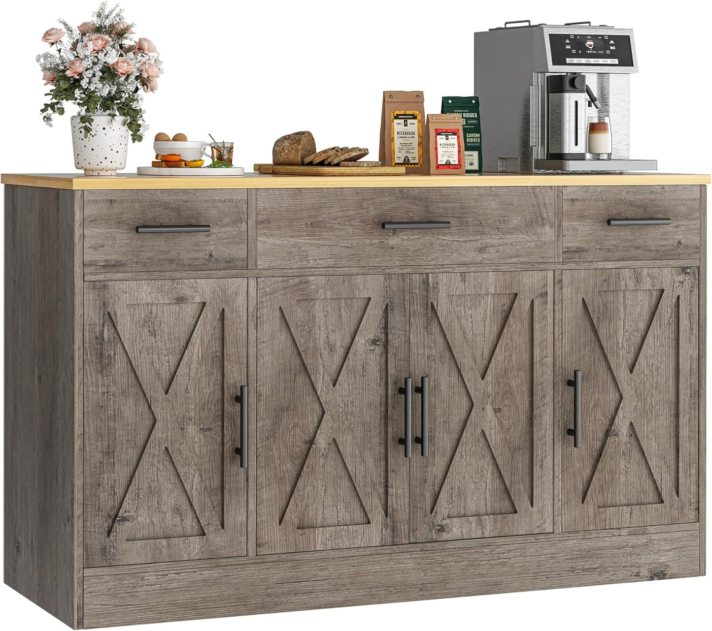 Vongrasig 53" Large Sideboard Buffet Cabinet With 4 Doors and 3 Drawers, Farmhouse Coffee Bar Kitchen Storage Cabinet, Wood Table for Kitchen, Dining Room, Ash Grey