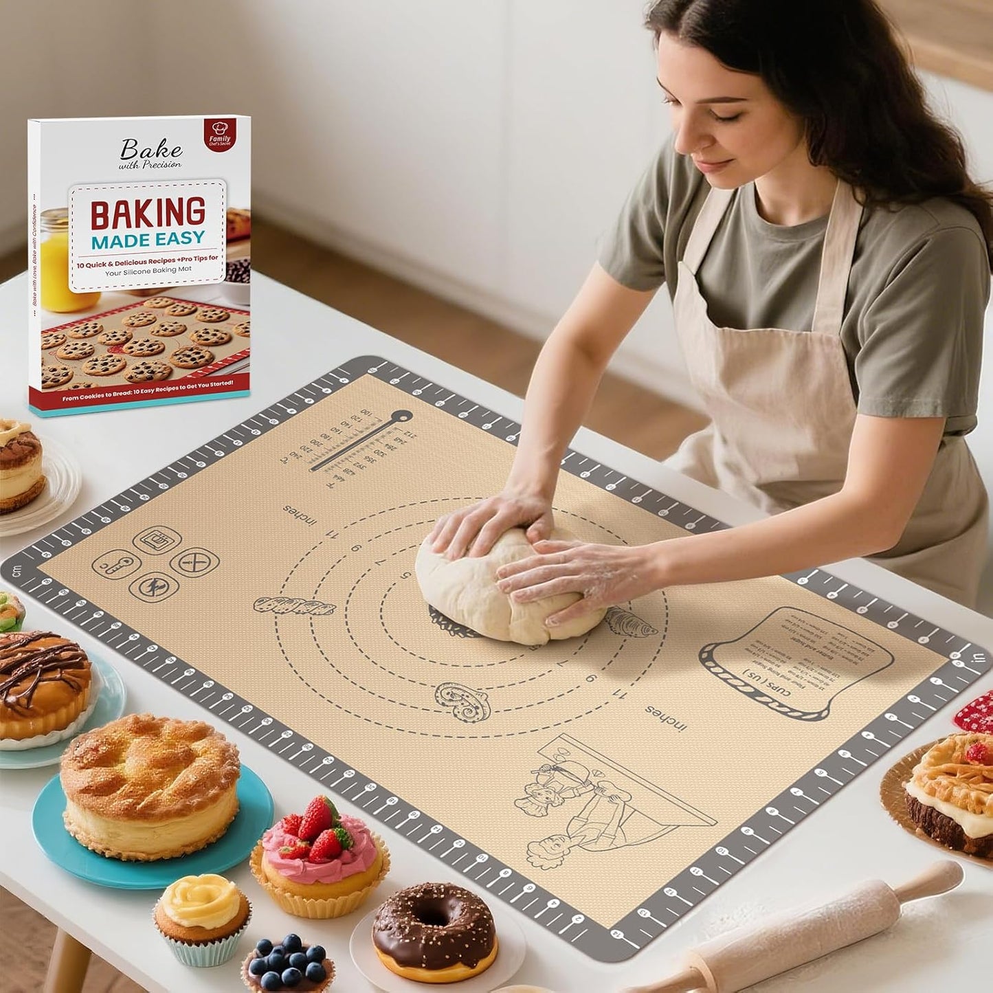 Silicone Mat for Baking, Extra Thick Silicone Baking Mat with 10 Easy Recipes, Non Stick Pastry Mat for Dough Rolling, Macaron, Cookie, bread, Pizza, Fondant/Pie Crust, Oven& Dishwasher Safe