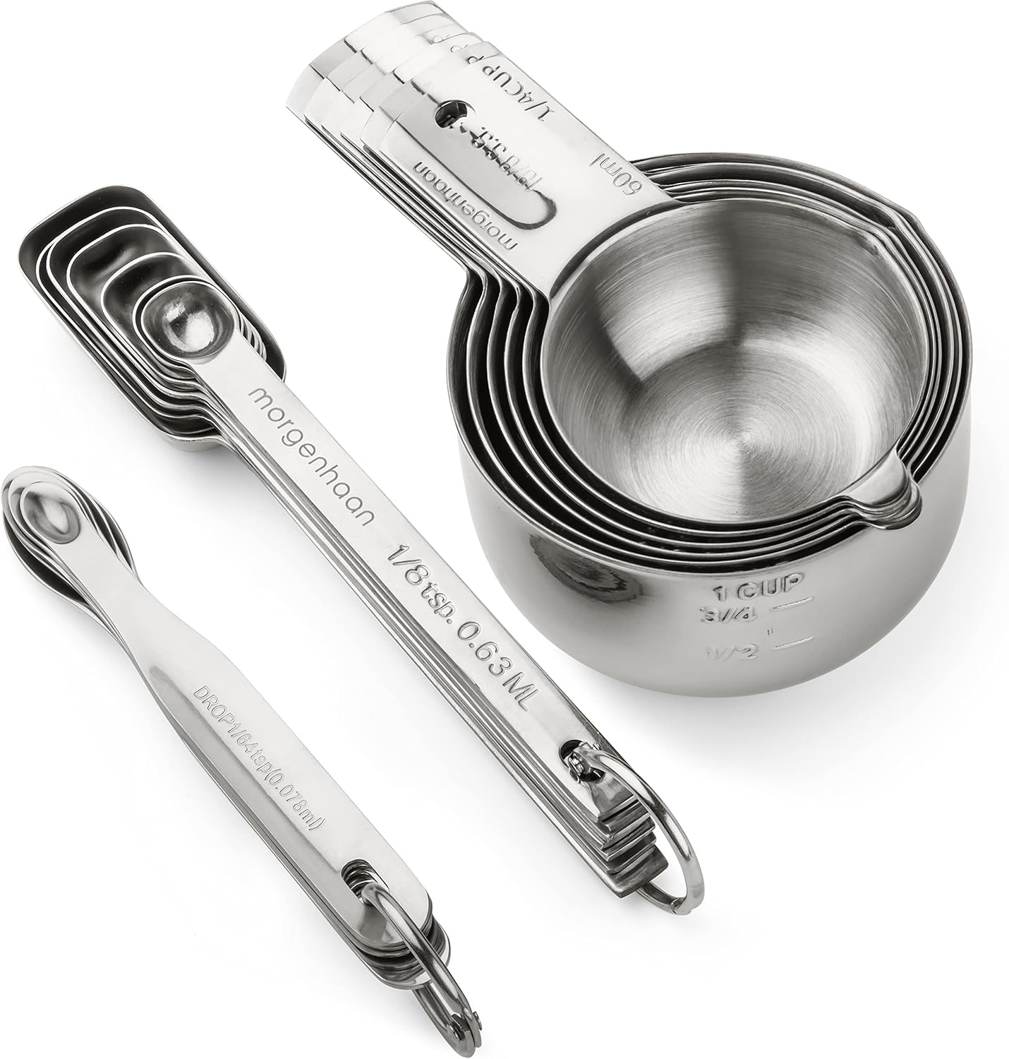 Heavy-Duty 304 Stainless Steel Measuring Cup Set (18-Piece) - Stackable, Dual Metric/US, Long & Narrow Spoons for Spice Jars + 5 Mini Spoons