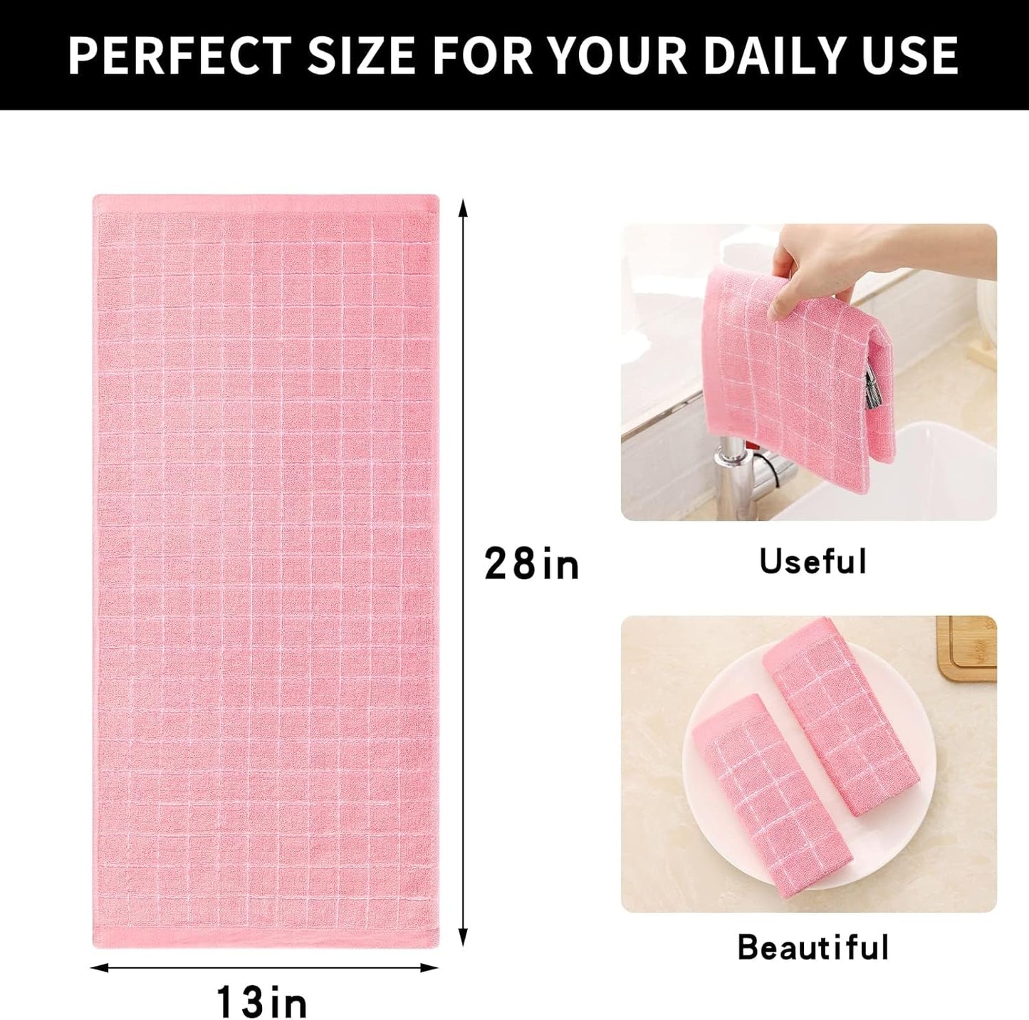 Homaxy 100% Cotton Terry Kitchen Towels(Pink, 13 x 28 inches), Checkered Designed, Soft and Super Absorbent Dish Towels, 6 Pack