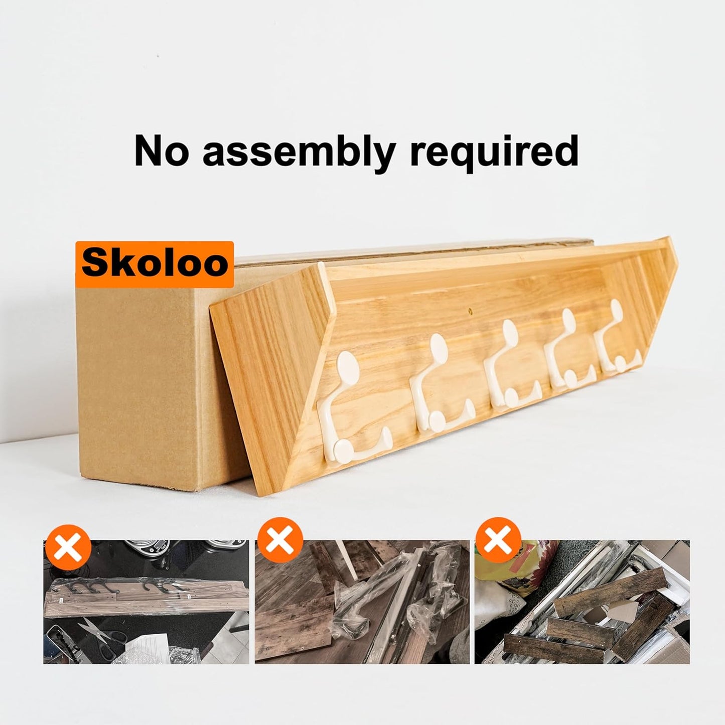 SKOLOO Wall Shelf with Hooks, 24-Inch Coat Rack Wall Mount with Shelf Organizer - Lightweight & Sturdy, 5 Tri Hooks - Perfect for Entryway, Hallway, Living Room, Bedroom, Mudroom, Natural & White