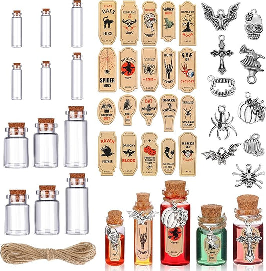 Newtay 53 Pcs Halloween Mini Potion Bottles Set Including 12 Decorative Glass Bottles with Cork Stoppers 20 Creepy Apothecary Bottle Labels Stickers 20 Charms Pendants 1 String (5/6/7/12 ML,Stylish)