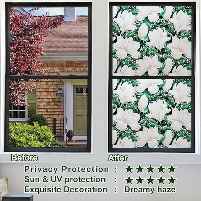 Window Privacy Film Stained Glass Decorative Static Clings Frosted Window Tint for Home Room Decor Bathroom Door Car Stickers with Glittering Effect, Removable(Magnolia Design)
