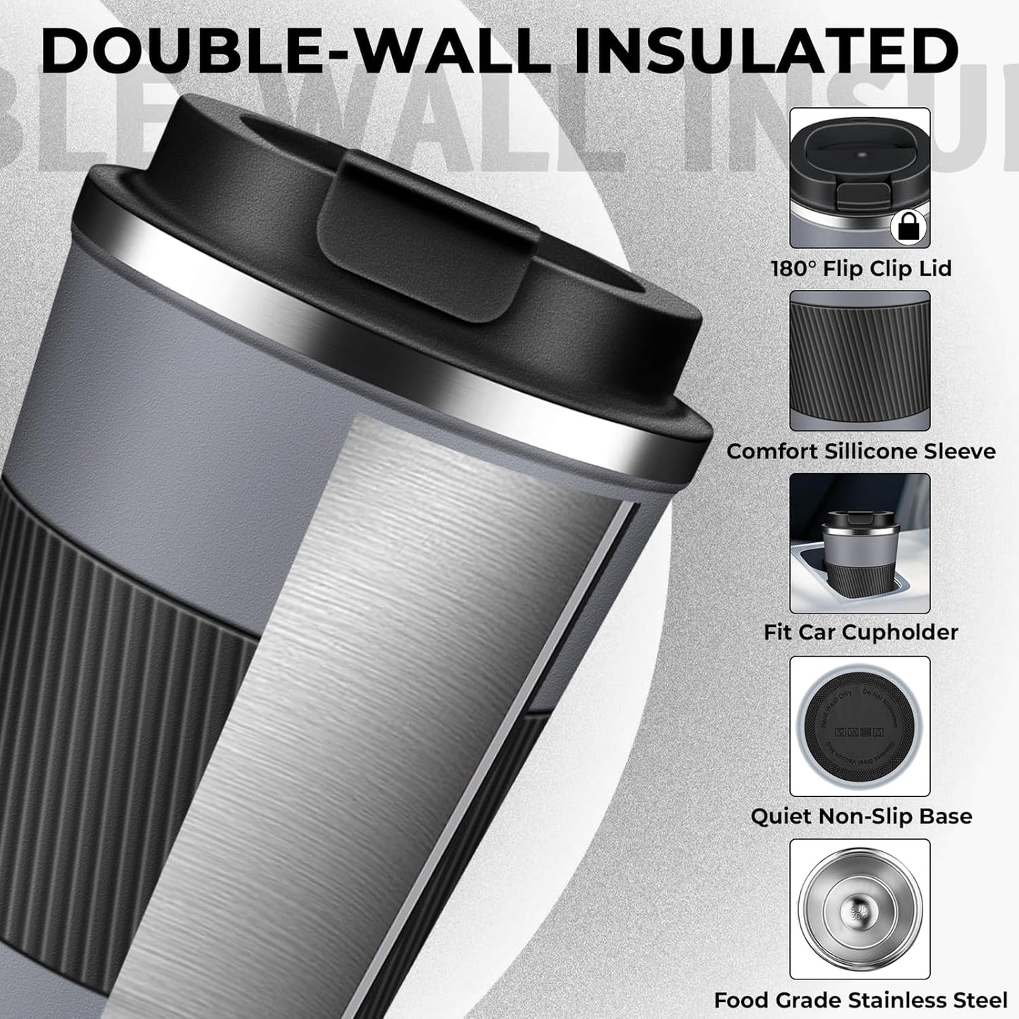 Insulated Coffee Tumbler 12 oz, Stainless Steel Coffee Mug with Lids, Travel Coffee Mug Leak Proof, Double Wall Vacuum Insulated Reusable Iced Coffee Cup, Keep Drinks Hot and Cold (Gray, 17 Ounces)