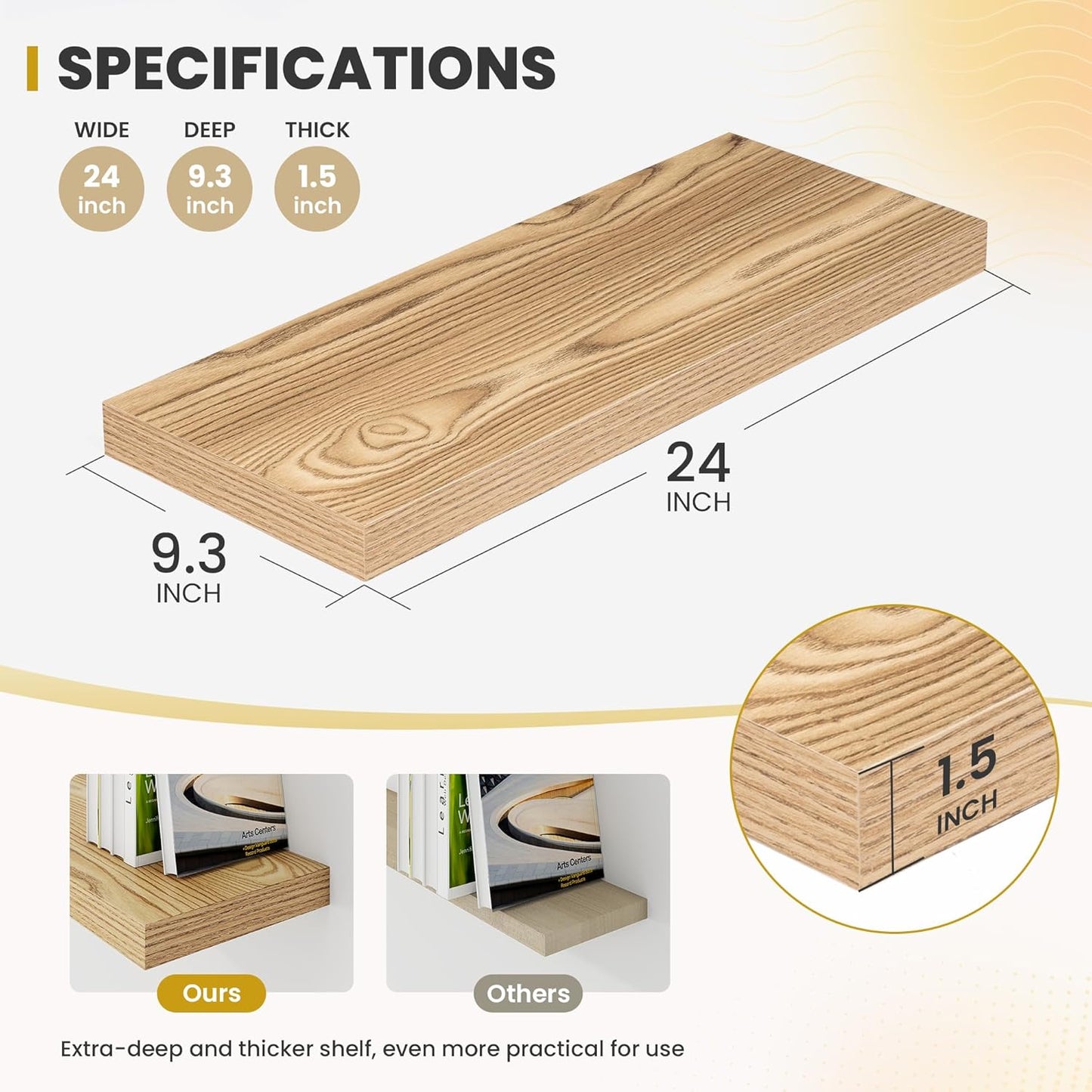 24 Inch Floating Shelves, 9.3" Deep Floating Shelf Wall Mounted, 24" Wall Shelves, Rustic Deep Bookshelf, Large Display Shelves & Storage Shelves for Bedroom, Living Room, Light Brown, Set of 2