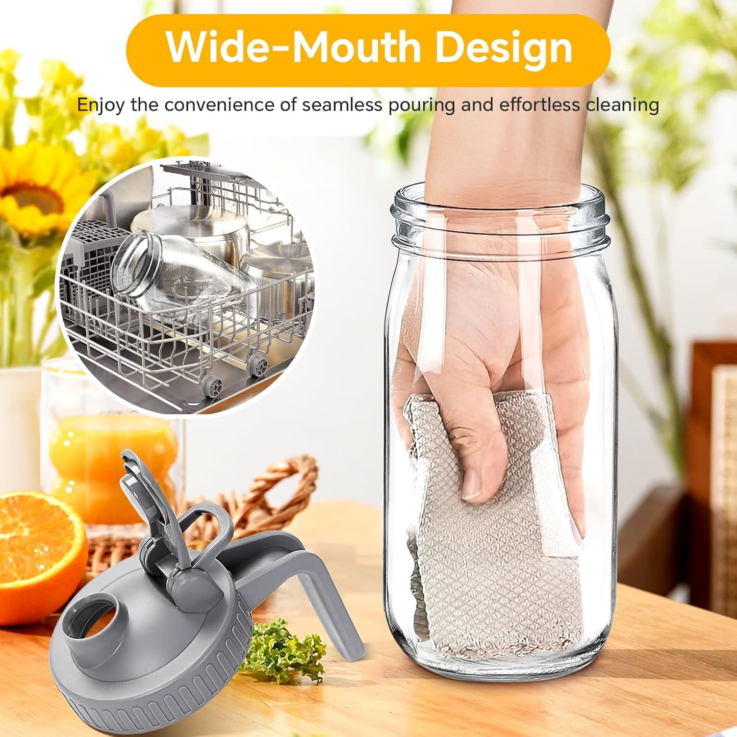 Mason Jar Pitcher, 32 OZ Glass Pitcher with Lid Double Leak-proof with Handle Water Jug Wide Mouth Breast Milk Pitcher Fridge Container for Water, Juice, Iced Coffee, Tea, Juice - Grey