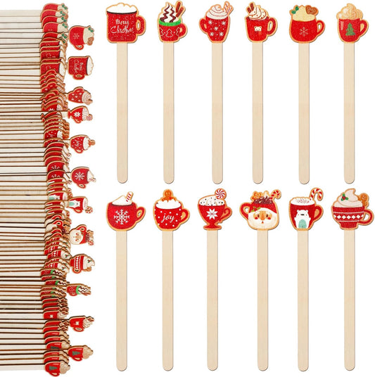 Jinei 120 Pcs Christmas Hot Chocolate Cup Coffee Stir Sticks Natural Wooden Disposable Drink Stirrers for Hot Chocolate Milkshake Cocktail Restaurant Home Office